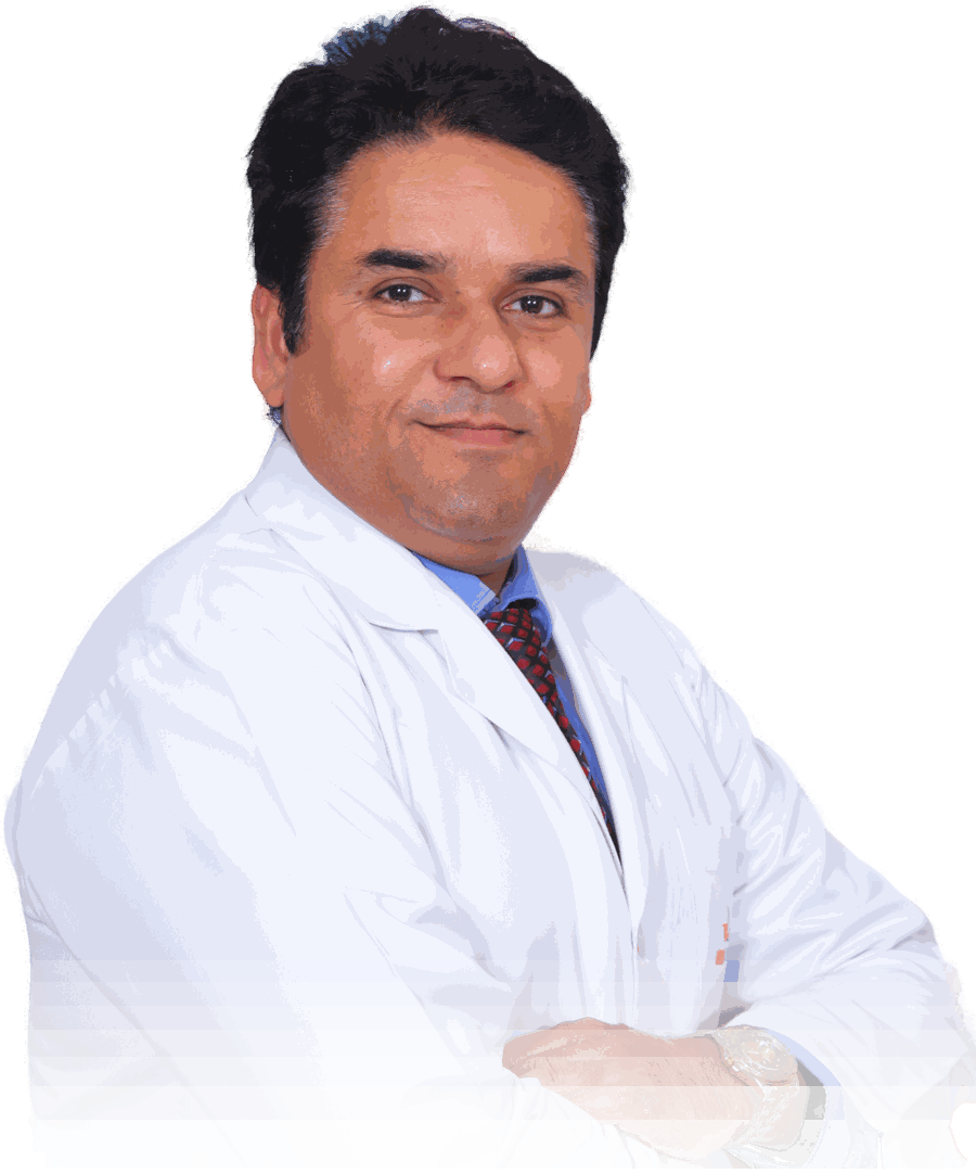 Dr Sudhanshu Bankata in a white coat, arms folded